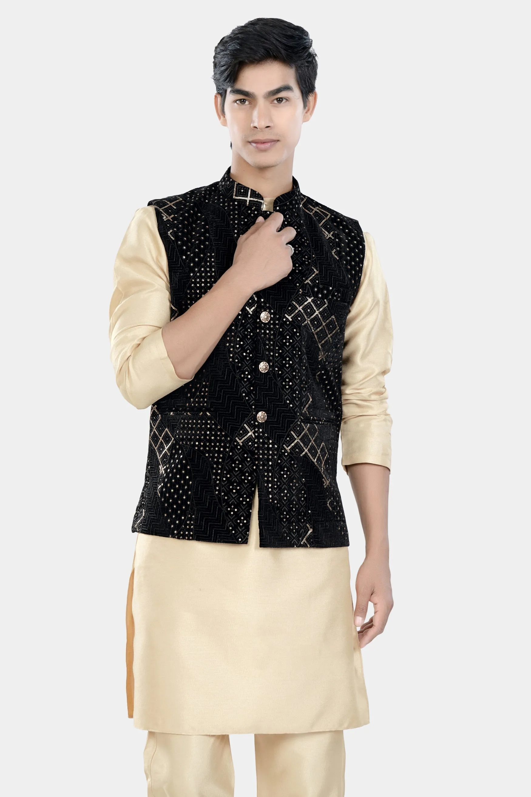 Almond Brown Kurta Set with Jade Black Thread and Sequin Embroidered Designer Nehru Jacket