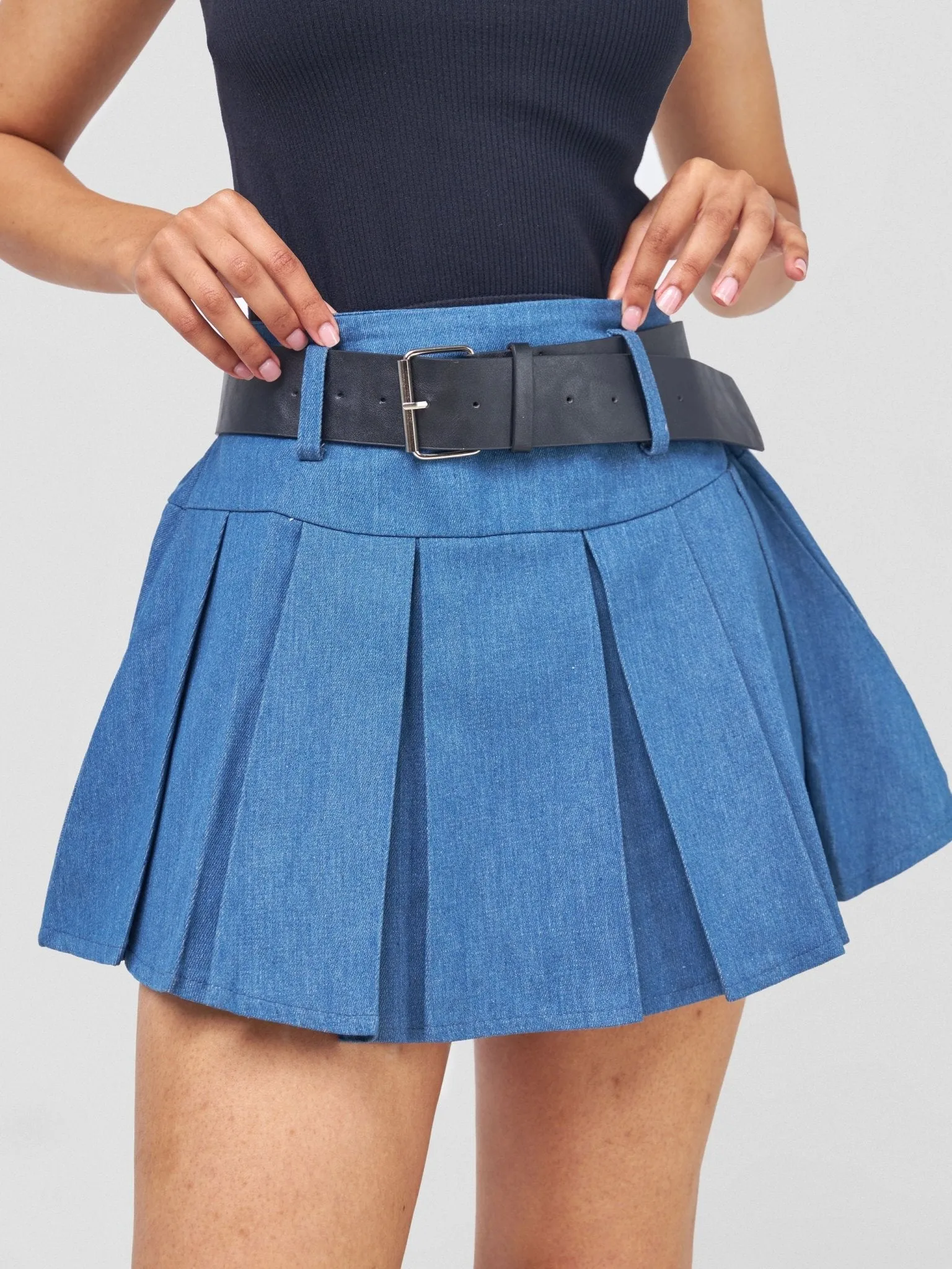 Anika Denim Skater Skirt With Belt - Light Blue