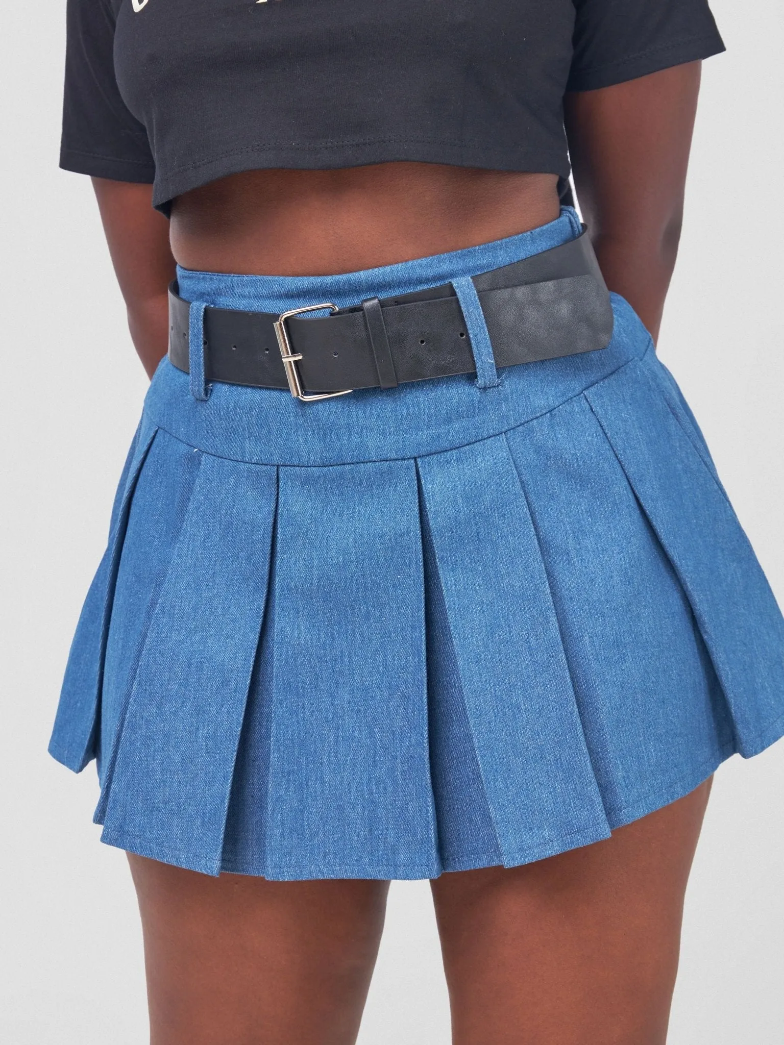 Anika Denim Skater Skirt With Belt - Light Blue