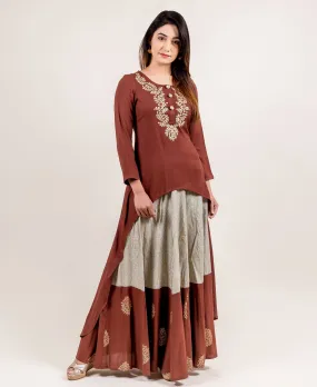 Asymmetrical Brown Embroidered Kurta Set