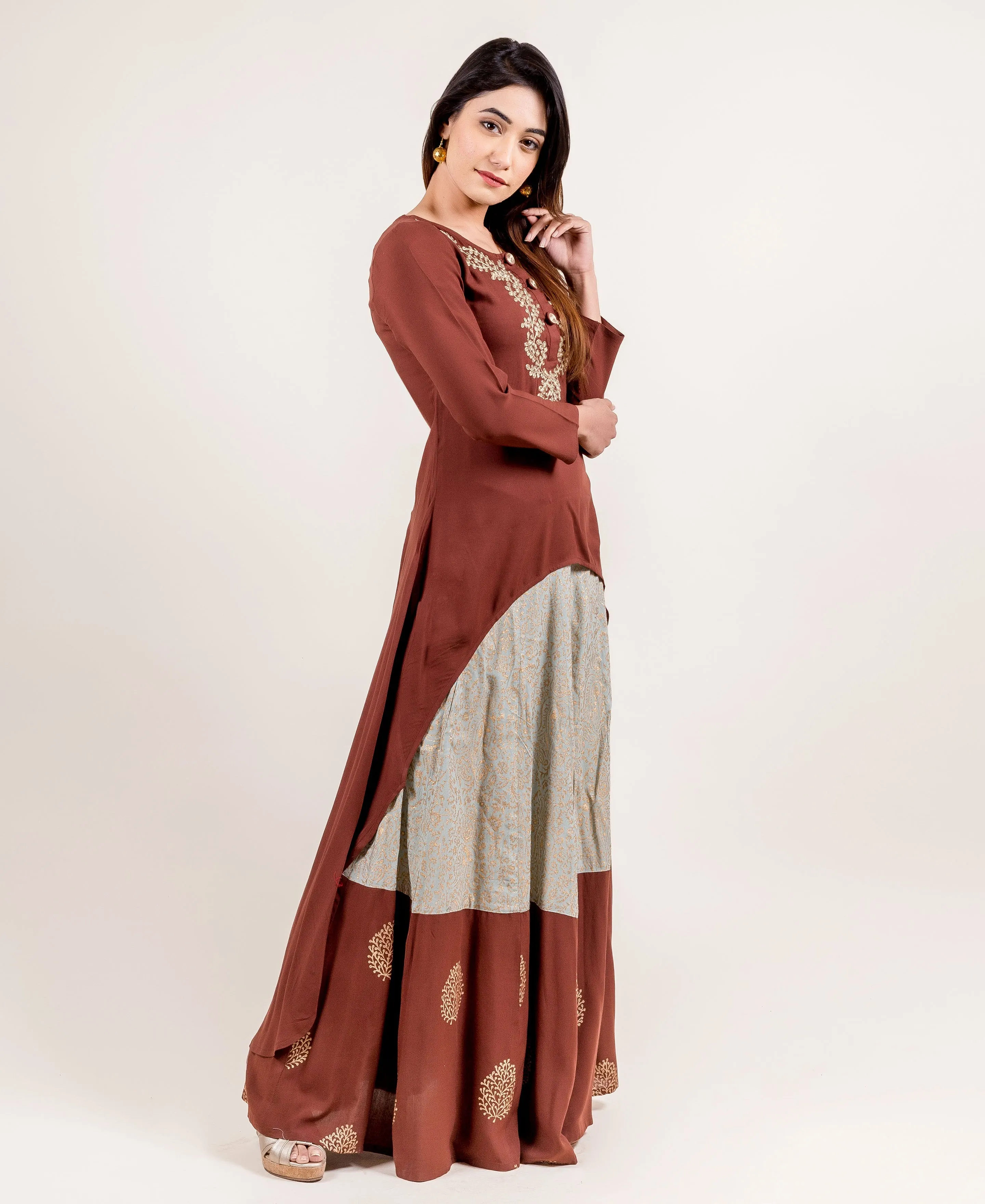 Asymmetrical Brown Embroidered Kurta Set