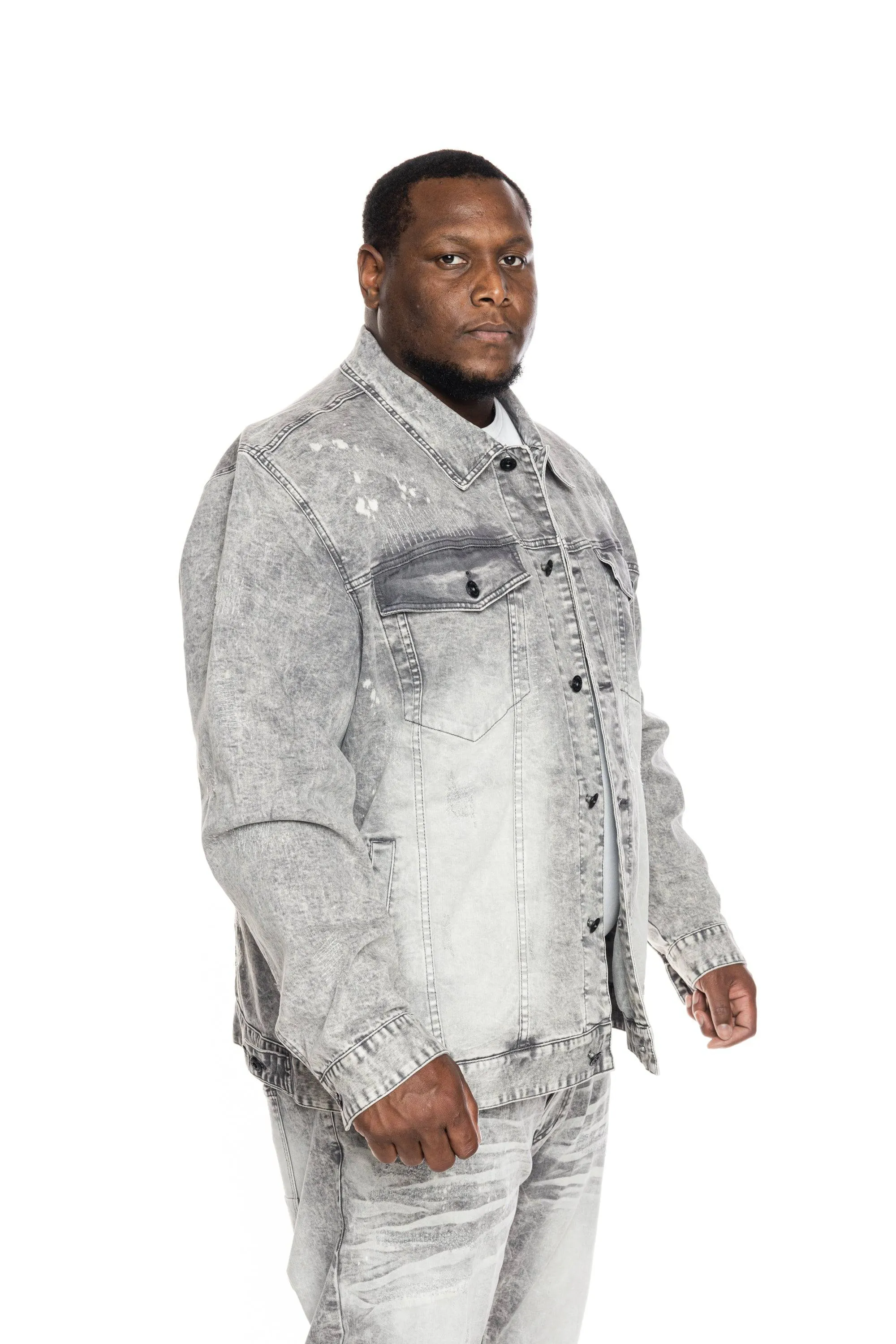 Big and Tall Bleached Detail Semi Basic Jean Jacket - Frost Grey