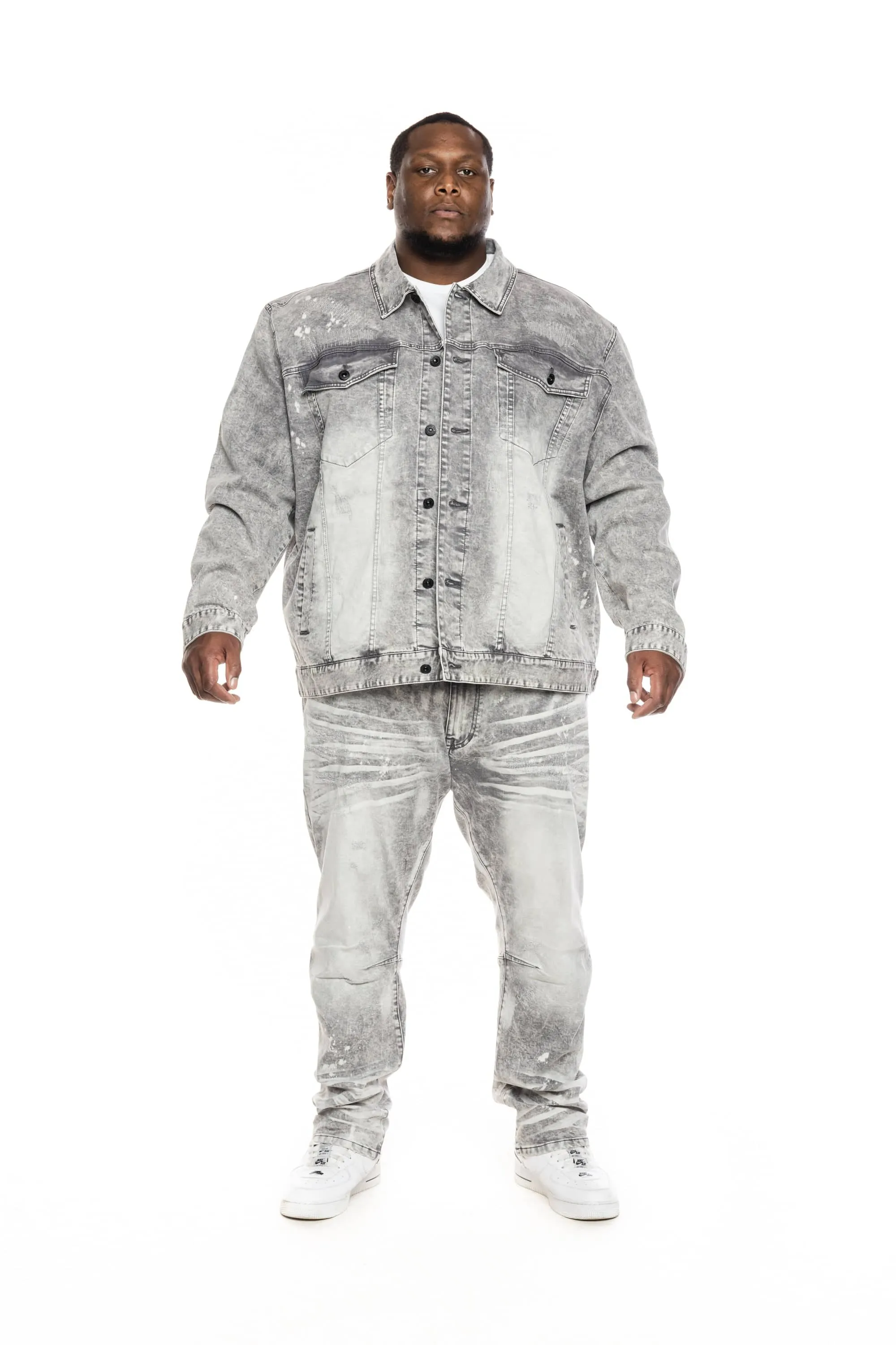 Big and Tall Bleached Detail Semi Basic Jean Jacket - Frost Grey