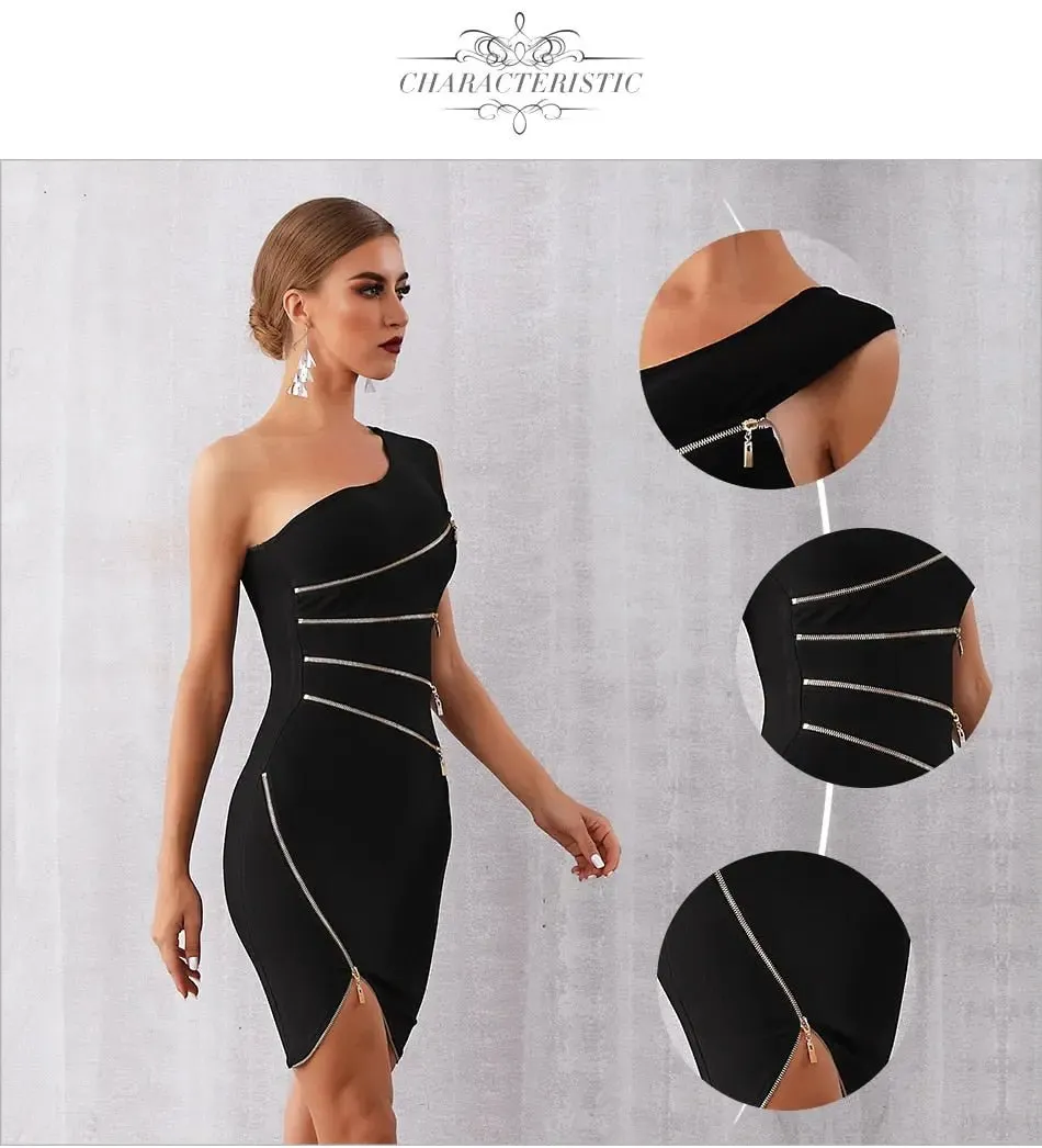 Black Bandage One Shoulder Zipper Dress