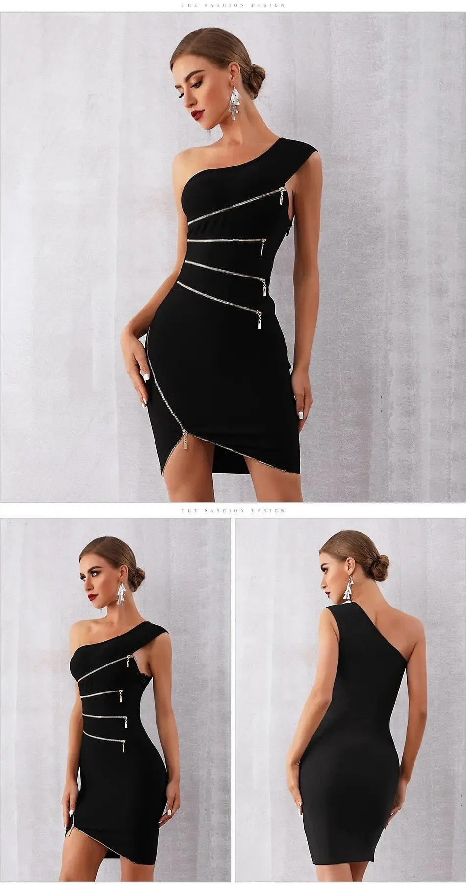 Black Bandage One Shoulder Zipper Dress