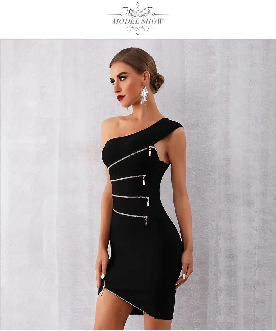 Black Bandage One Shoulder Zipper Dress