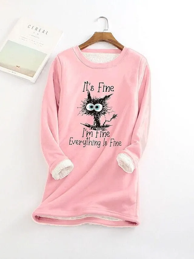 Cat Design Plus Size Fleece Lined Hoodie Sweatshirt