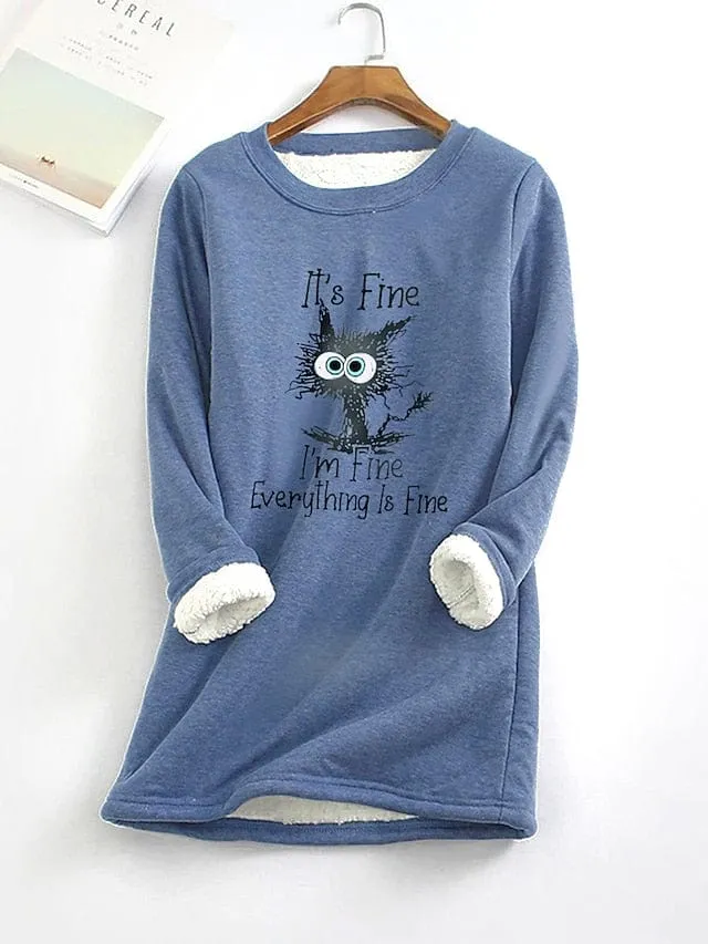 Cat Design Plus Size Fleece Lined Hoodie Sweatshirt