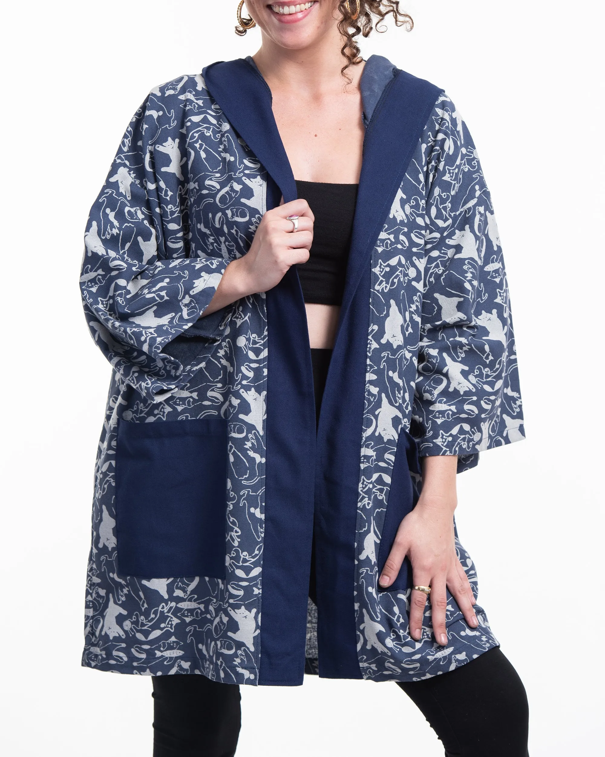 Cats Print Cotton Hoodie Kimono Cardigan in Blue