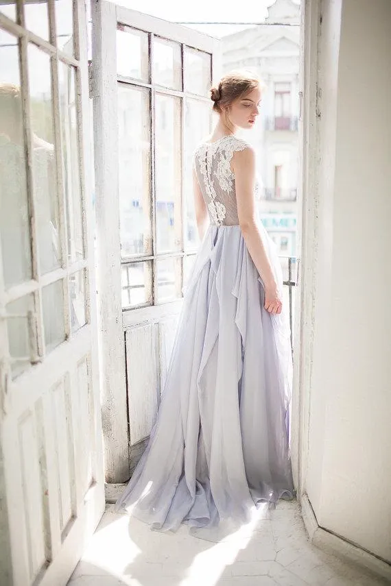 Chic Chiffon Prom Dress Blue Cheap Lace Long Prom Dress #ER218