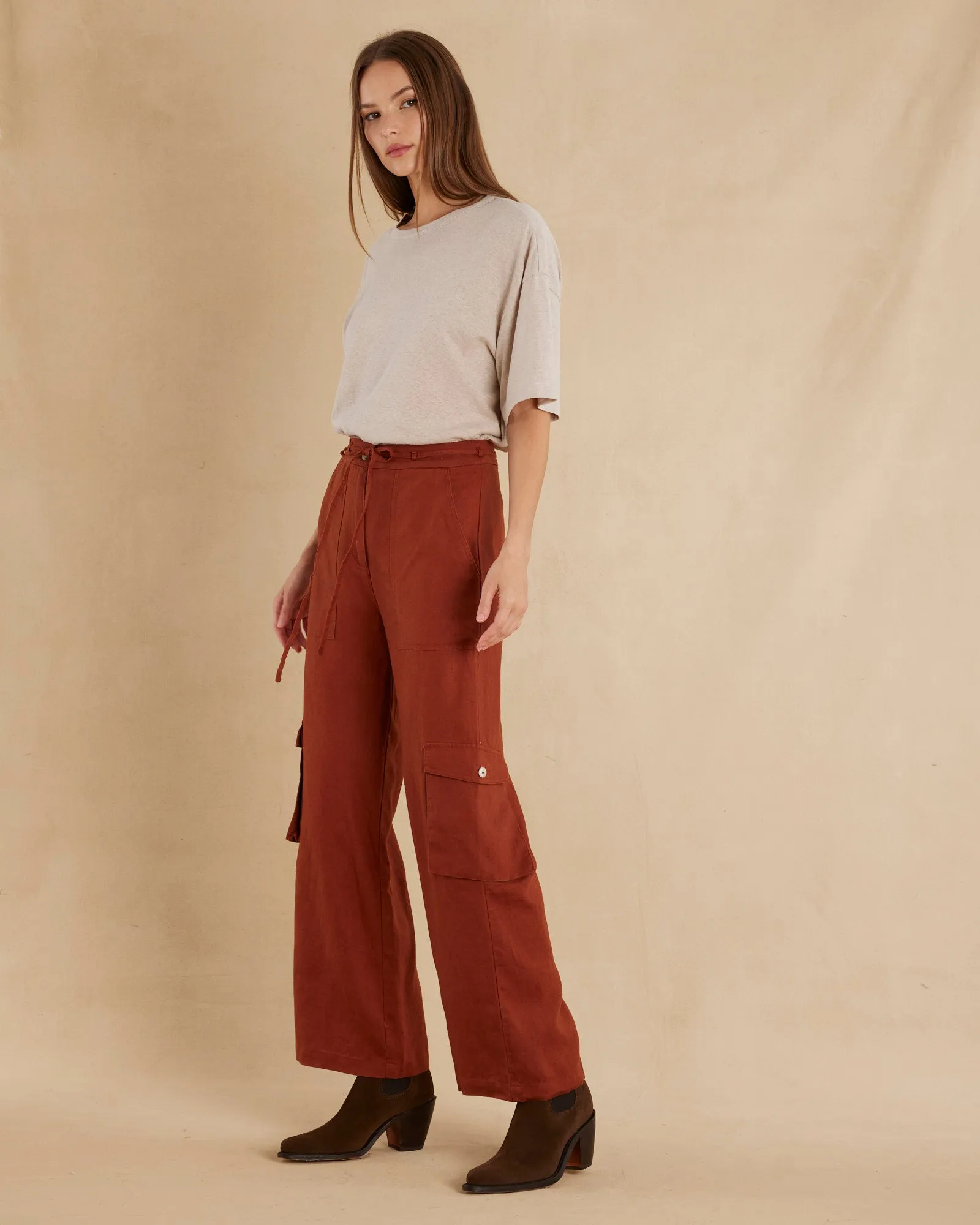 Ciel Linen Cargo Pant - Rust