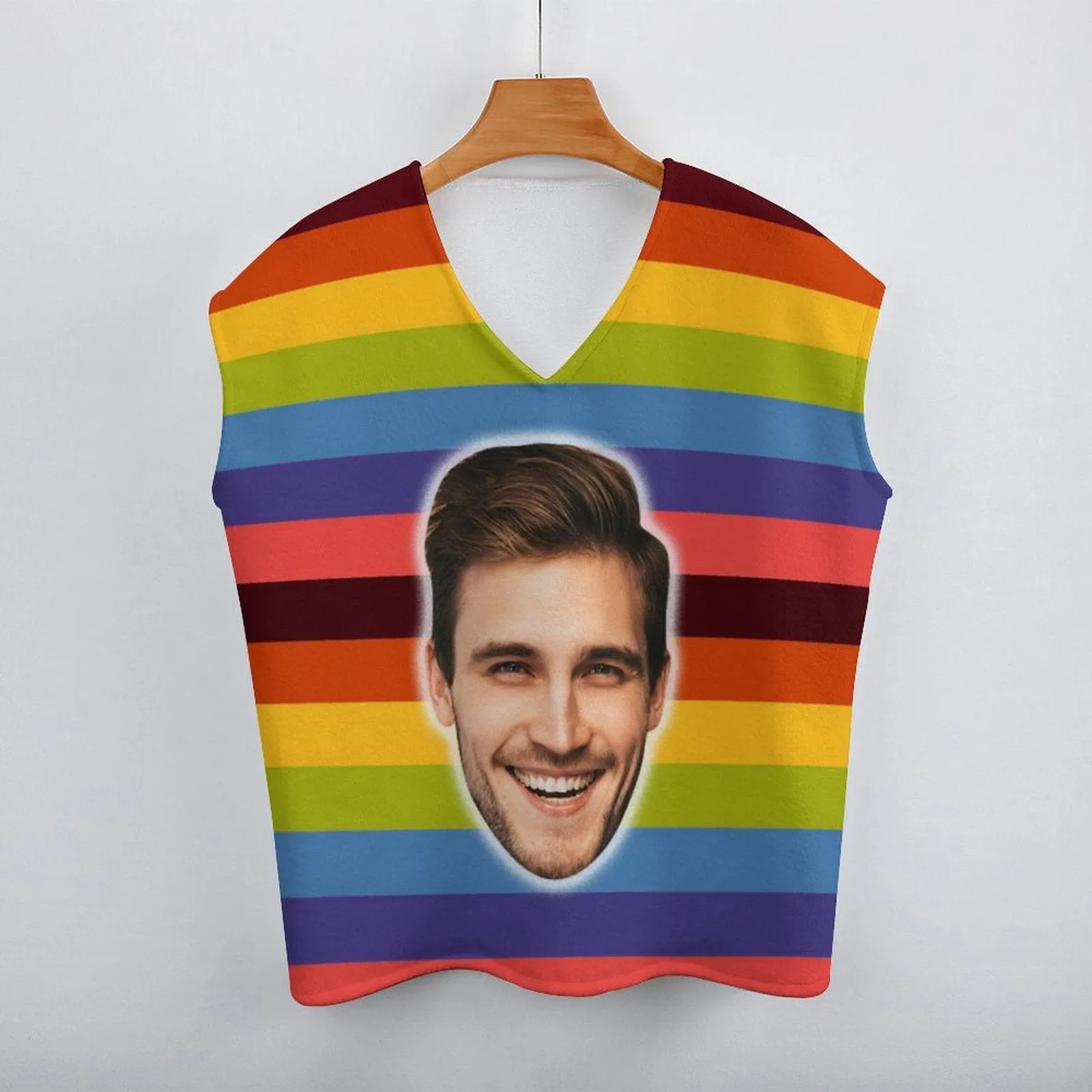 Custom Face Sweater Vest for Women Rainbow V Neck Sleeveless Casual Pullover Tops Personalized Custom Face Ugly Sweater