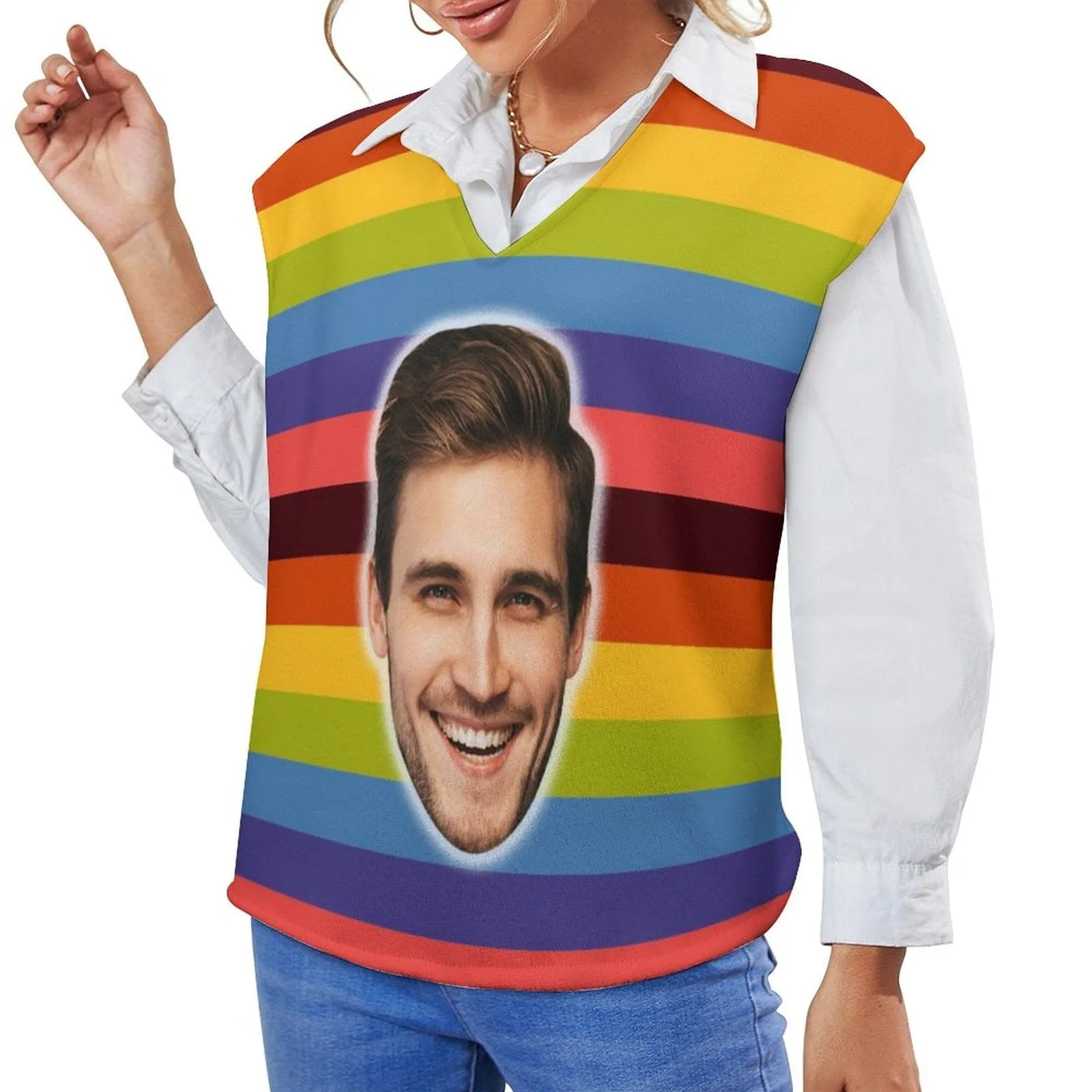 Custom Face Sweater Vest for Women Rainbow V Neck Sleeveless Casual Pullover Tops Personalized Custom Face Ugly Sweater