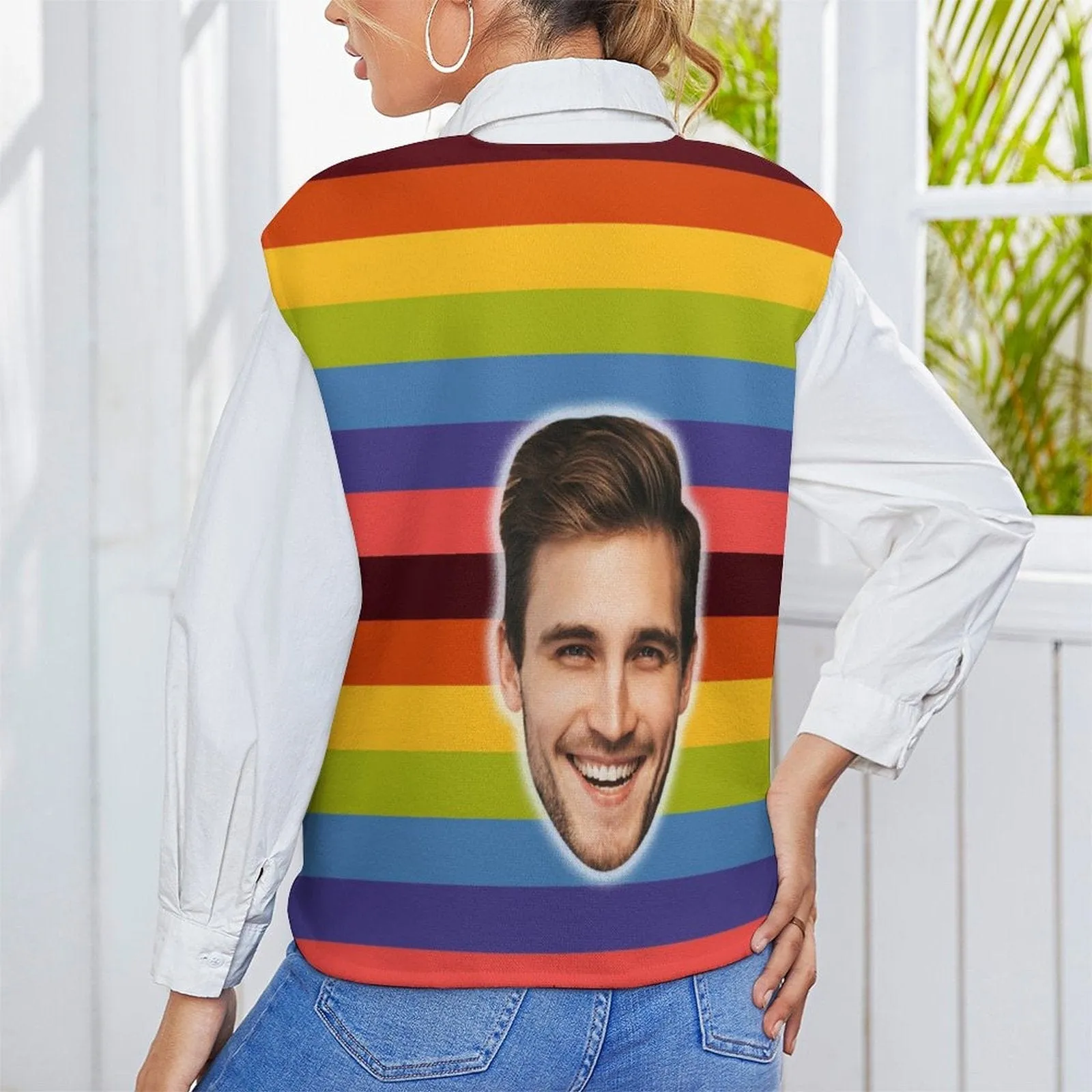 Custom Face Sweater Vest for Women Rainbow V Neck Sleeveless Casual Pullover Tops Personalized Custom Face Ugly Sweater