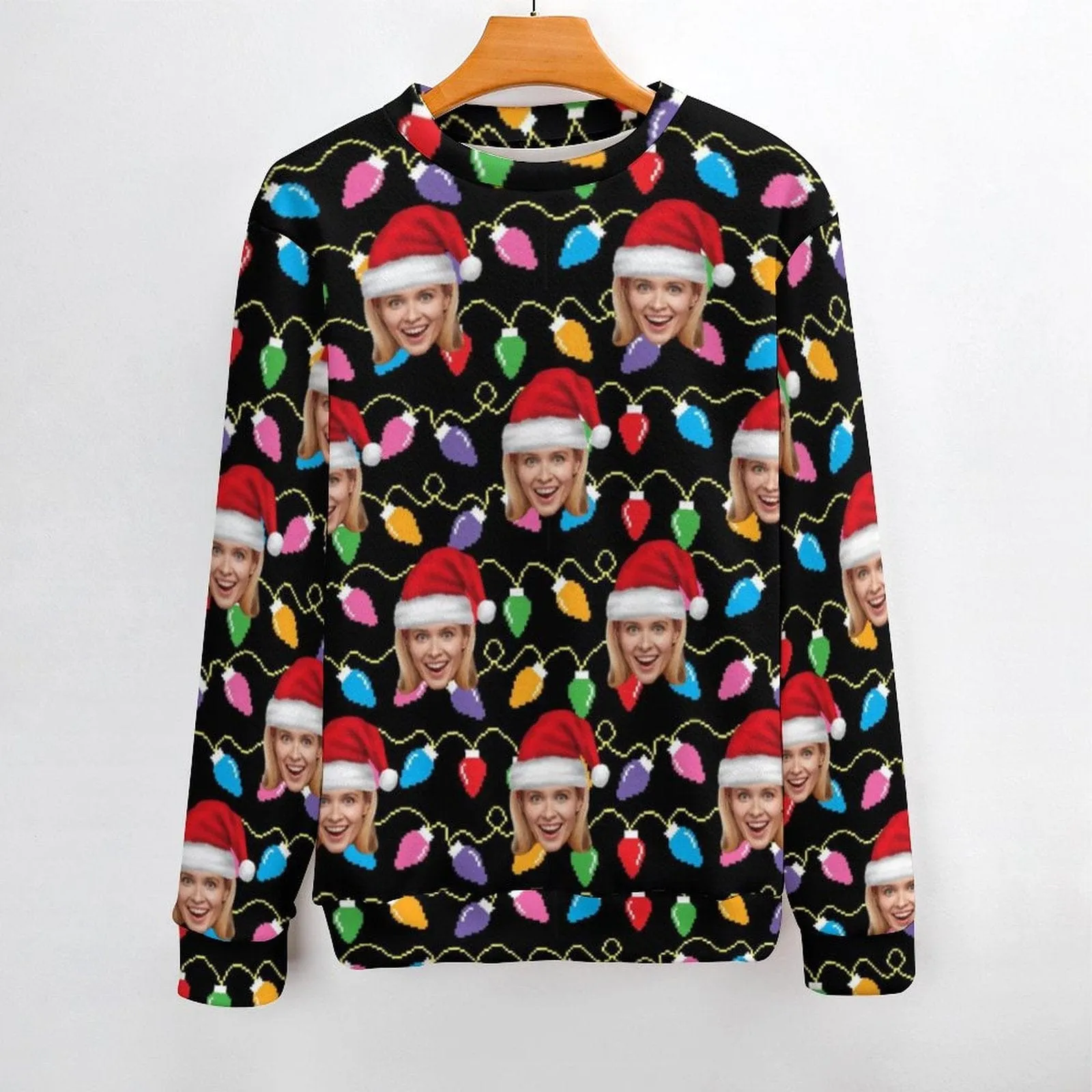 Custom Face Ugly Sweater Colorful Lights Santa Hat Round Neck Sweater for Christmas