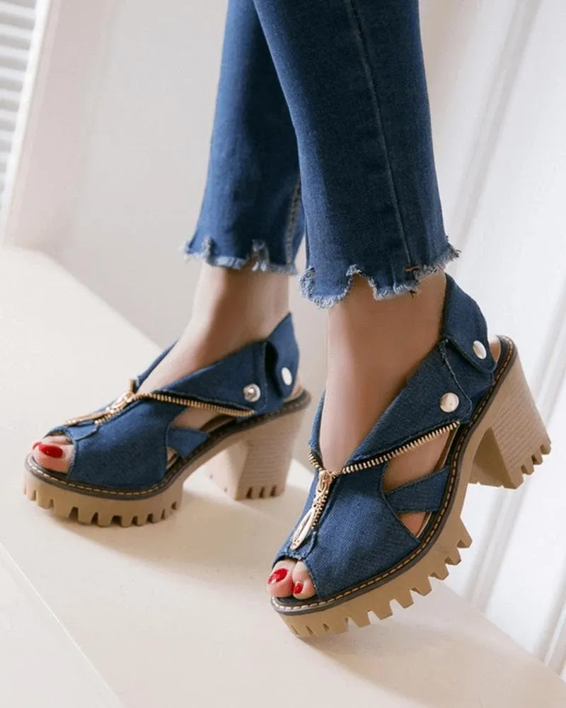 Denim Zipper Block Heel Sandals(Large size)