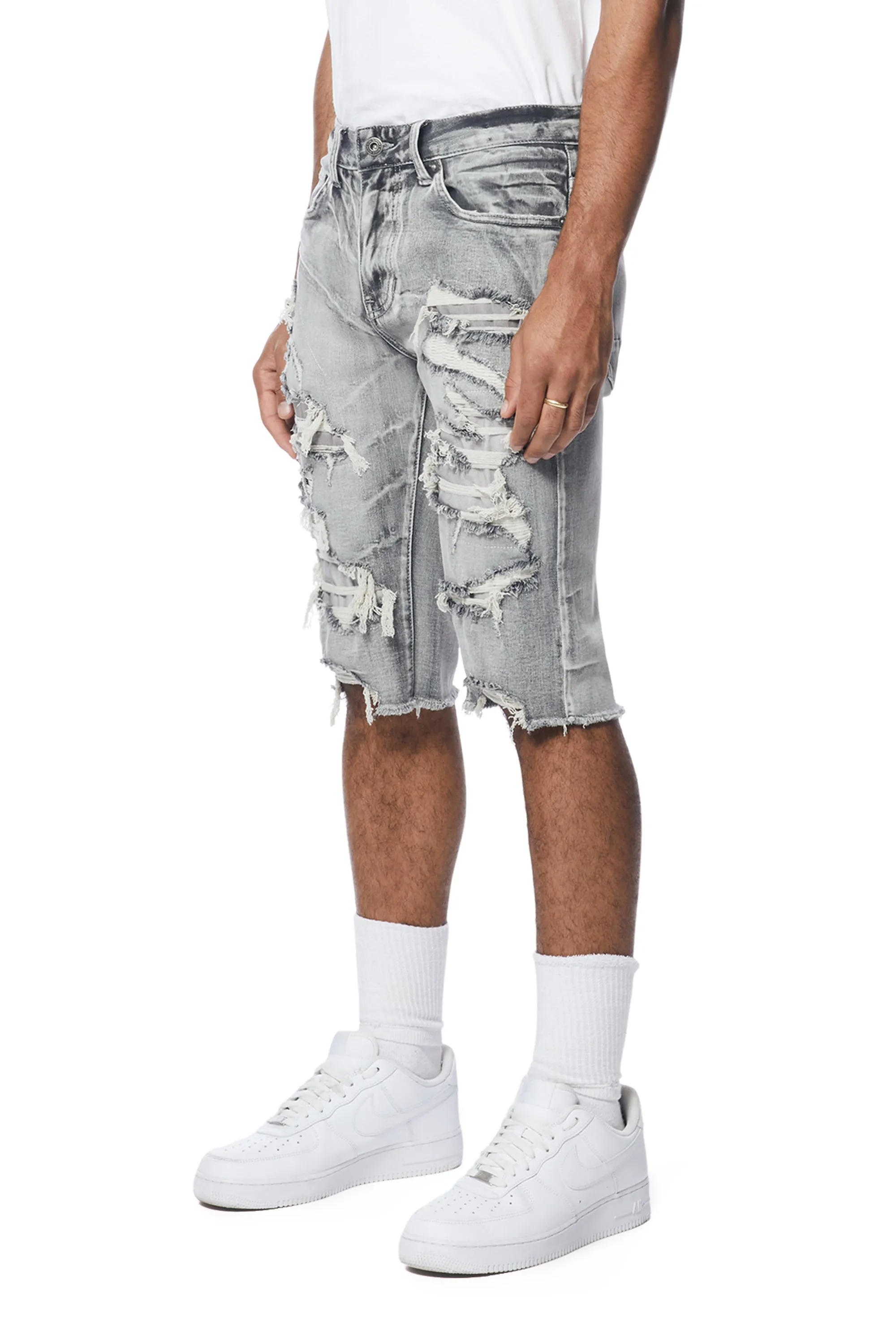 Distressed Rip & Repair Jean Shorts - Union Grey