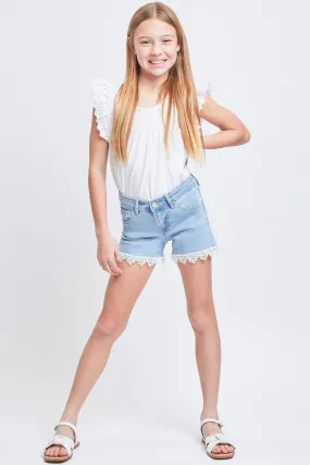 Girls Denim Shorts With Lace Trimmed Hem