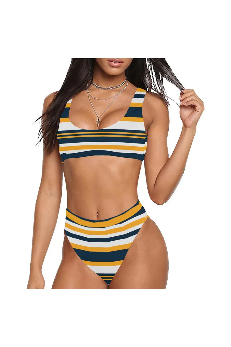 Gold & Blue Stripe Sport Top & High-Waisted Bikini Swimsuit