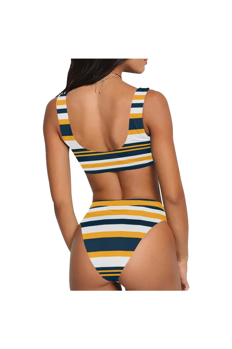 Gold & Blue Stripe Sport Top & High-Waisted Bikini Swimsuit