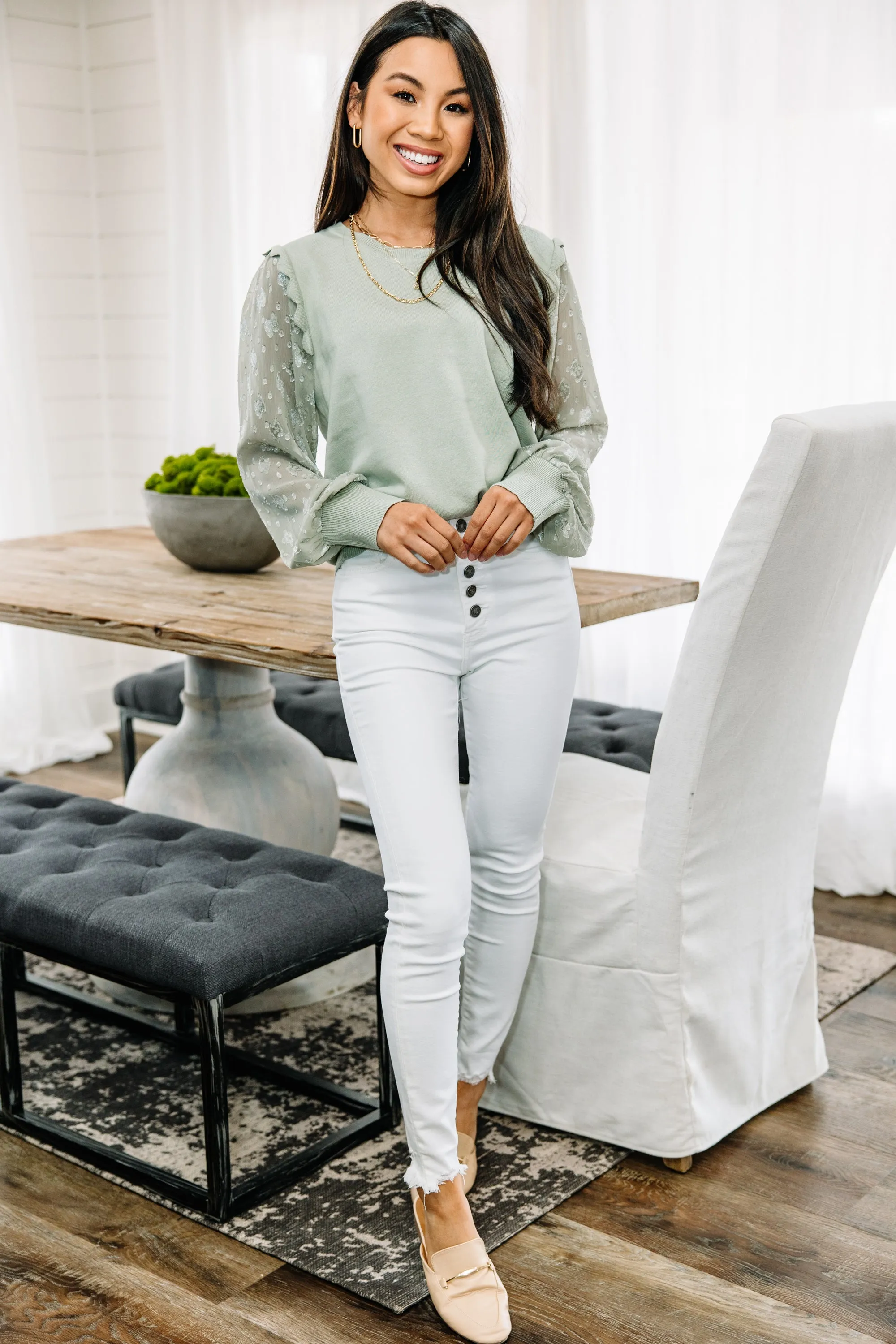 Happy Heart Sage Green Lace Sleeve Sweater