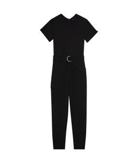 High Waisted Belted Cargo Jumpsuit - Black