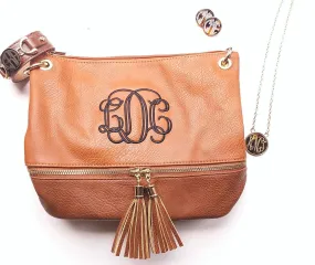 Monogrammed 2 toned zippered tassel Cross body - Camel-Personalized purse