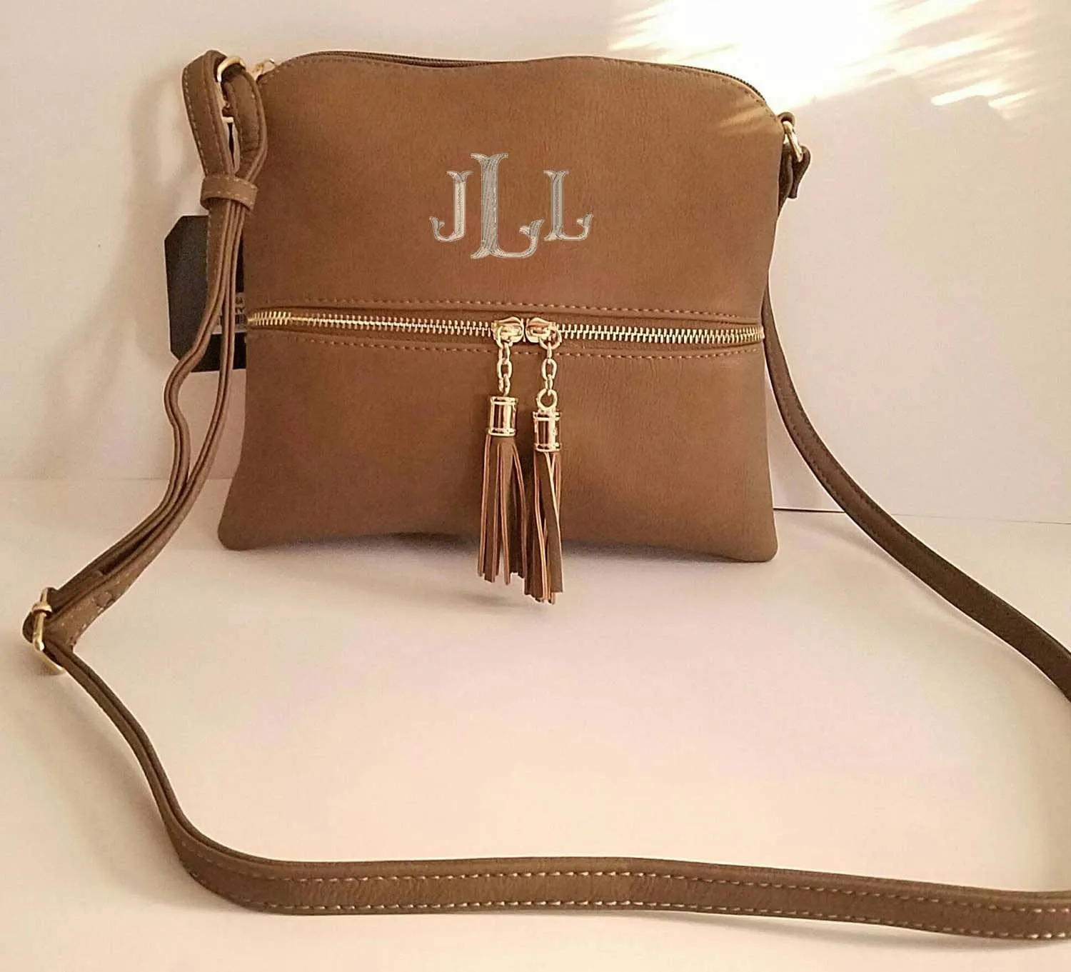 Monogrammed Tassels Cross body purse in Khaki