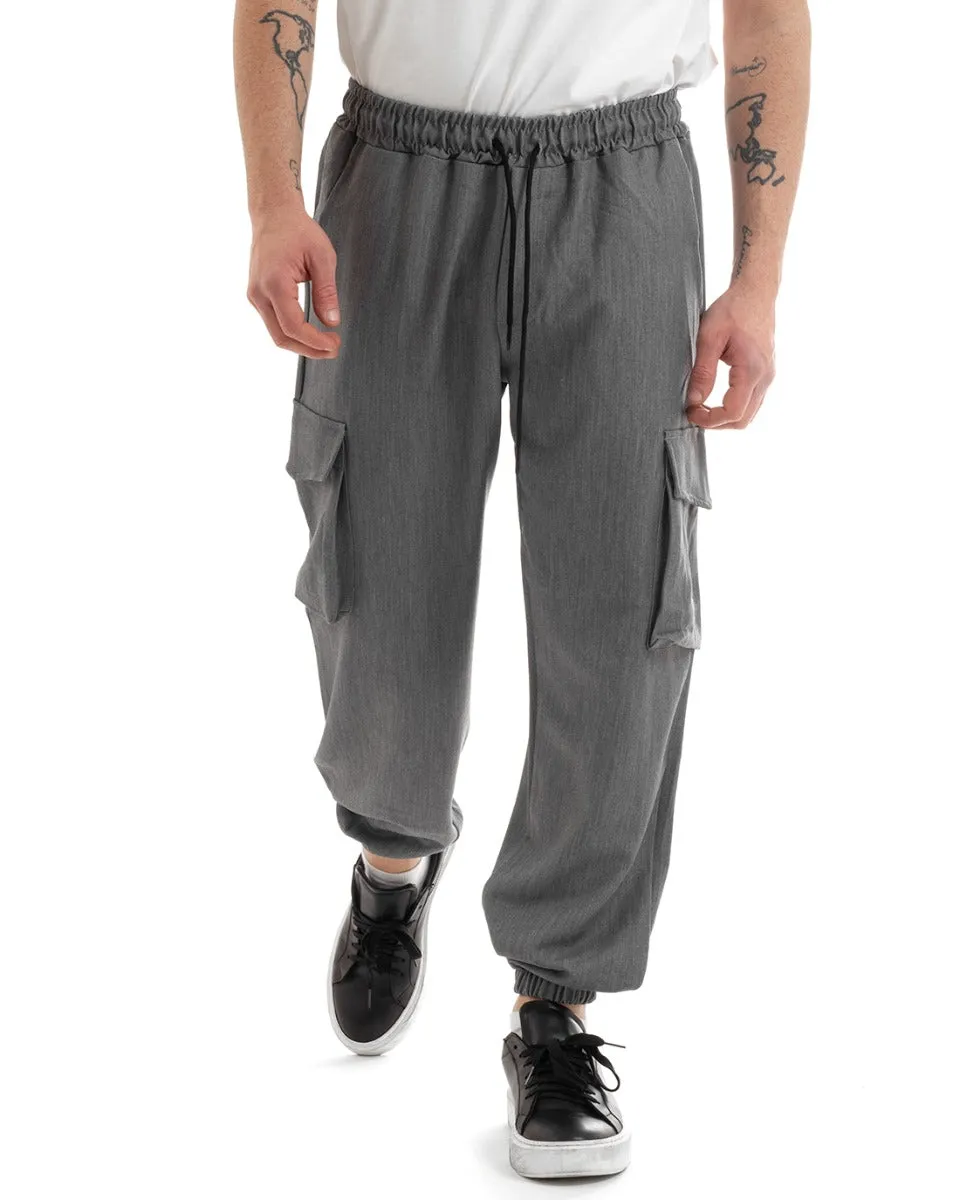 Pantaloni Uomo Lungo Cargo Tasconi Viscosa Tinta Unita Grigio Elastico Alla Caviglia GIOSAL-P5652A