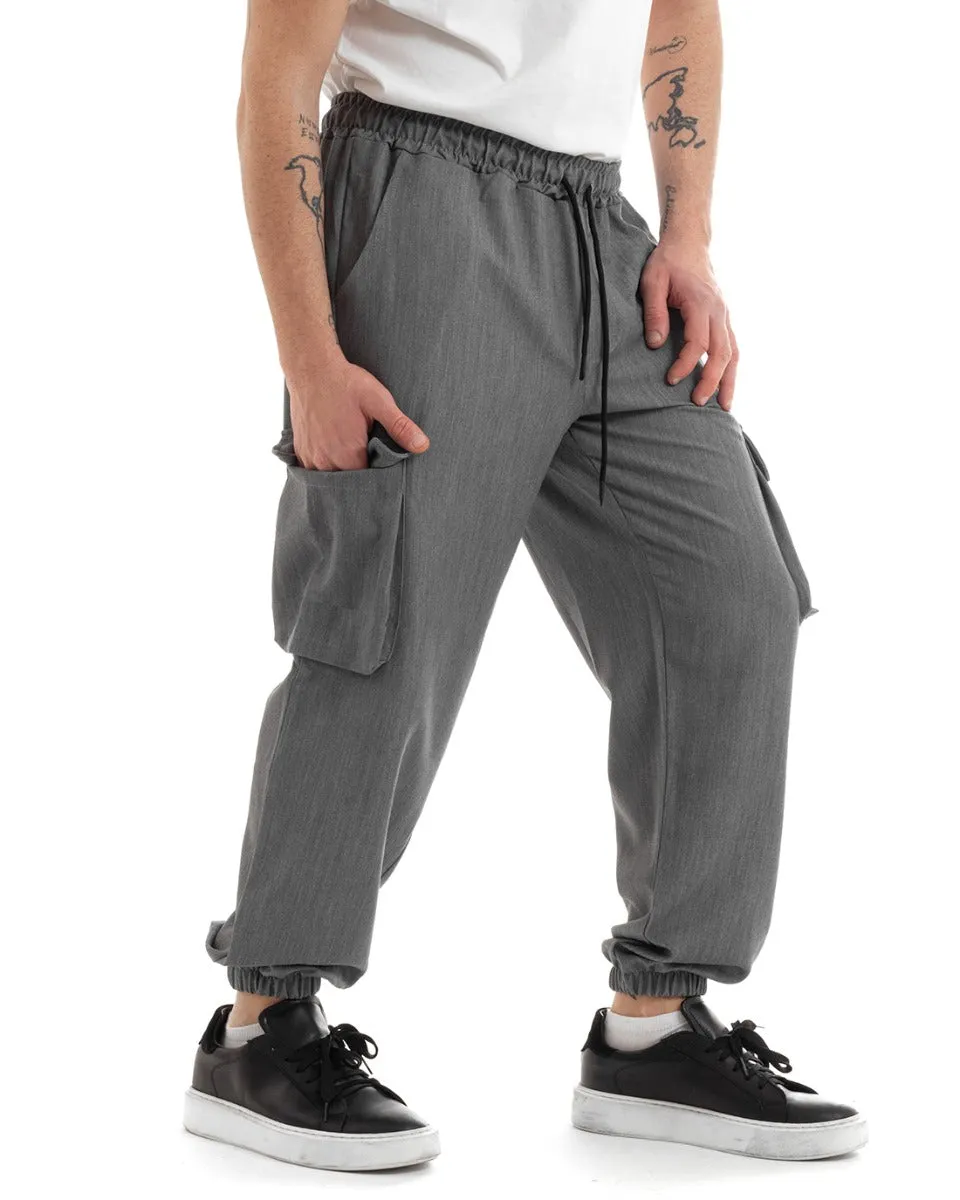 Pantaloni Uomo Lungo Cargo Tasconi Viscosa Tinta Unita Grigio Elastico Alla Caviglia GIOSAL-P5652A