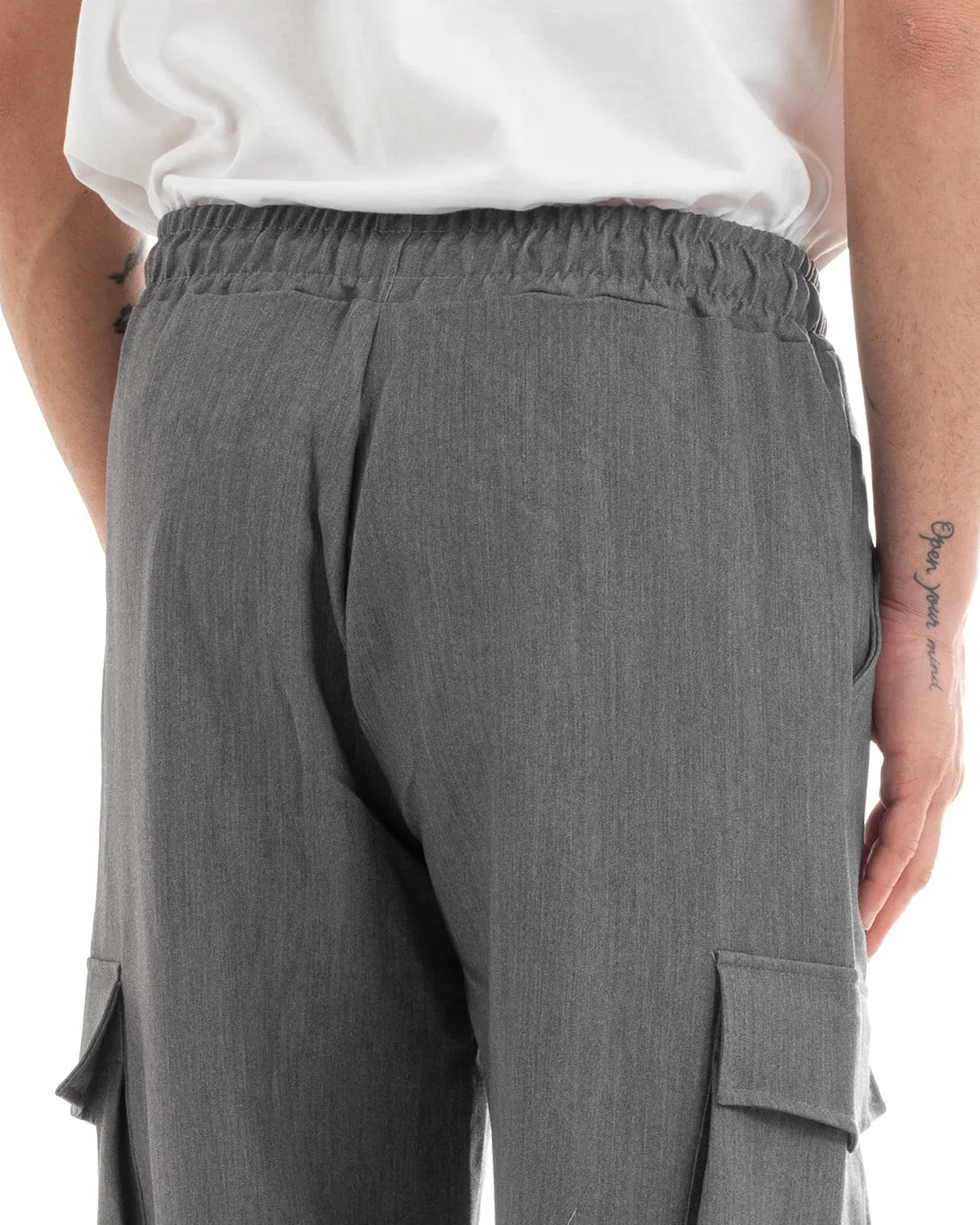 Pantaloni Uomo Lungo Cargo Tasconi Viscosa Tinta Unita Grigio Elastico Alla Caviglia GIOSAL-P5652A