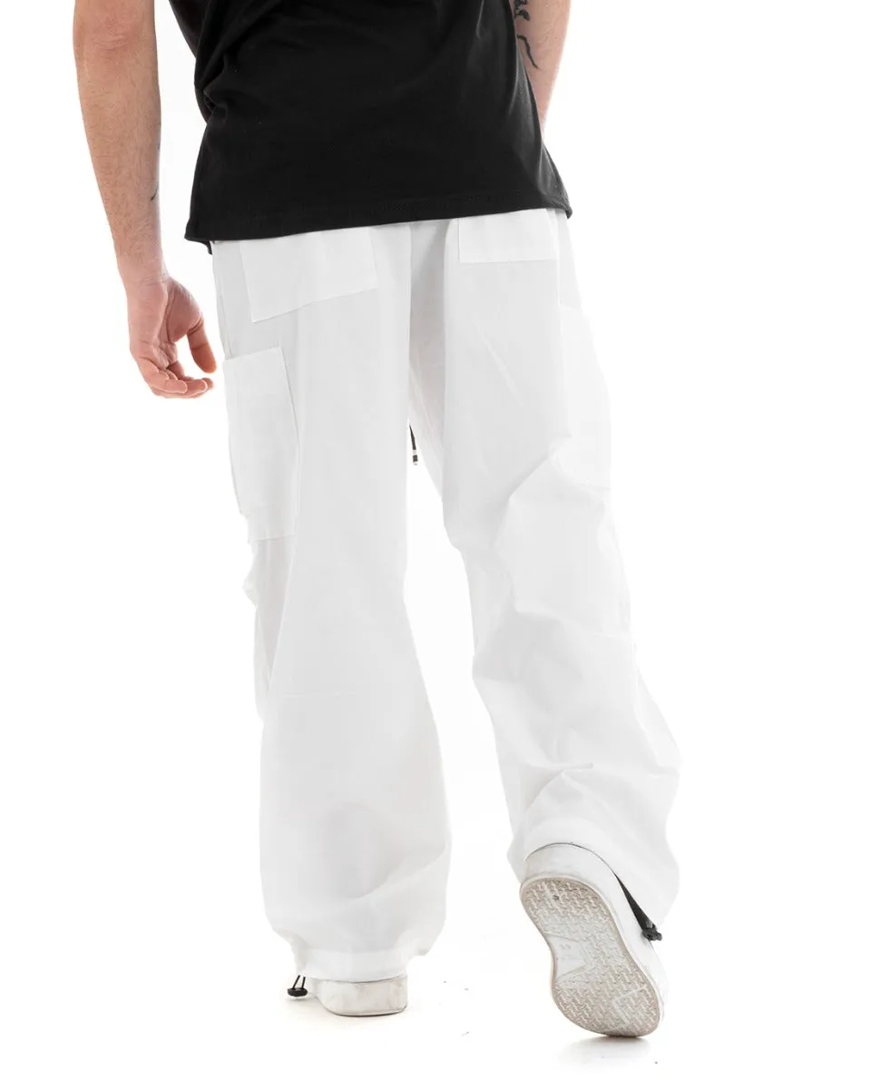 Pantaloni Uomo Parachute Elastico Coulisse Bianco Tinta Unita Oversize GIOSAL-P5746A