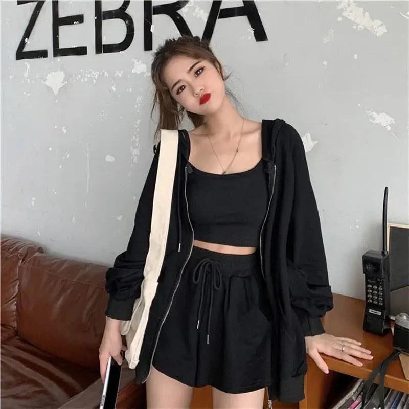 Three-Piece-Set: Hooded Zipper   Crop Top   Shorts With Elastic Waist