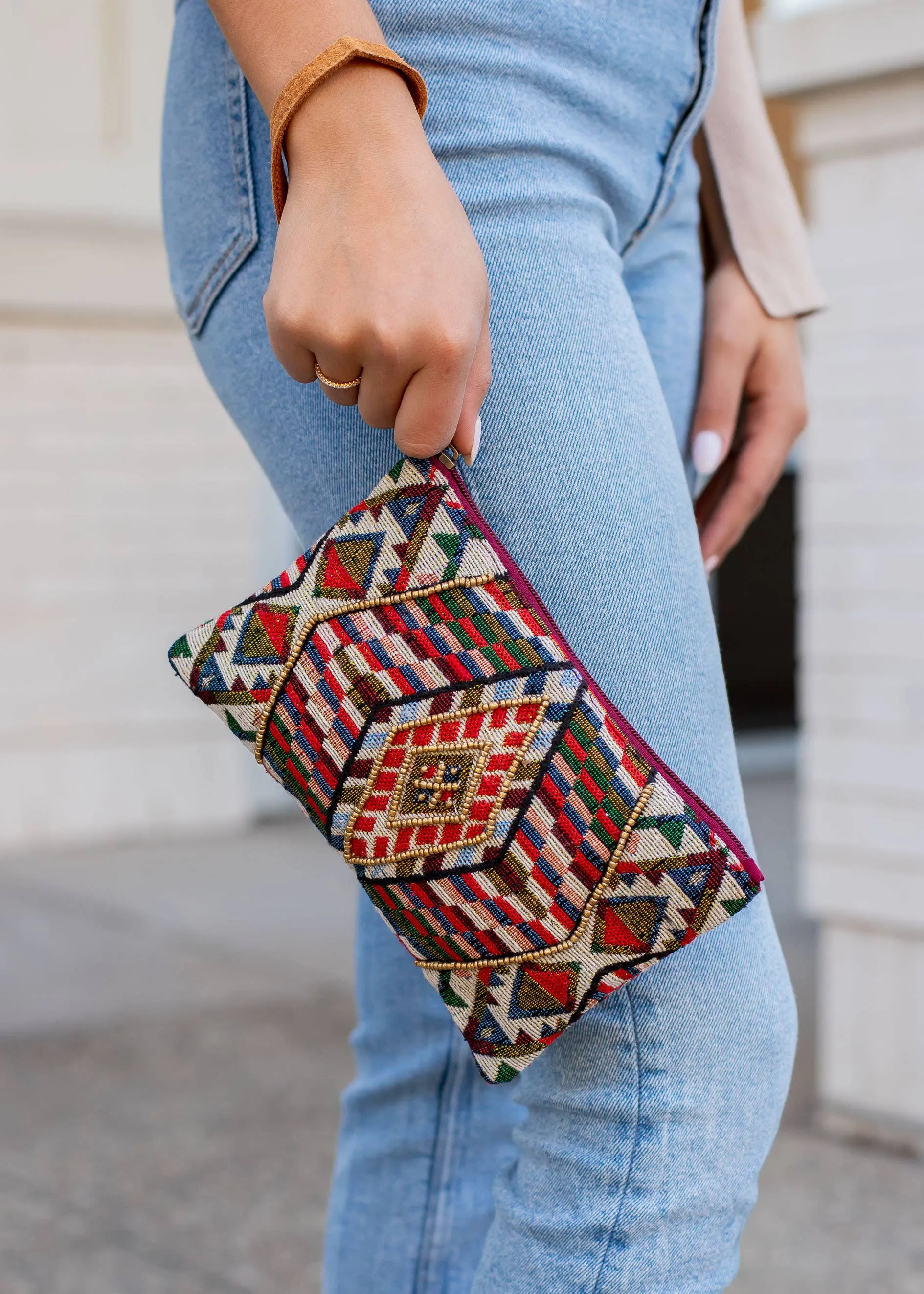 Woven Zipper Pouch - Burgundy