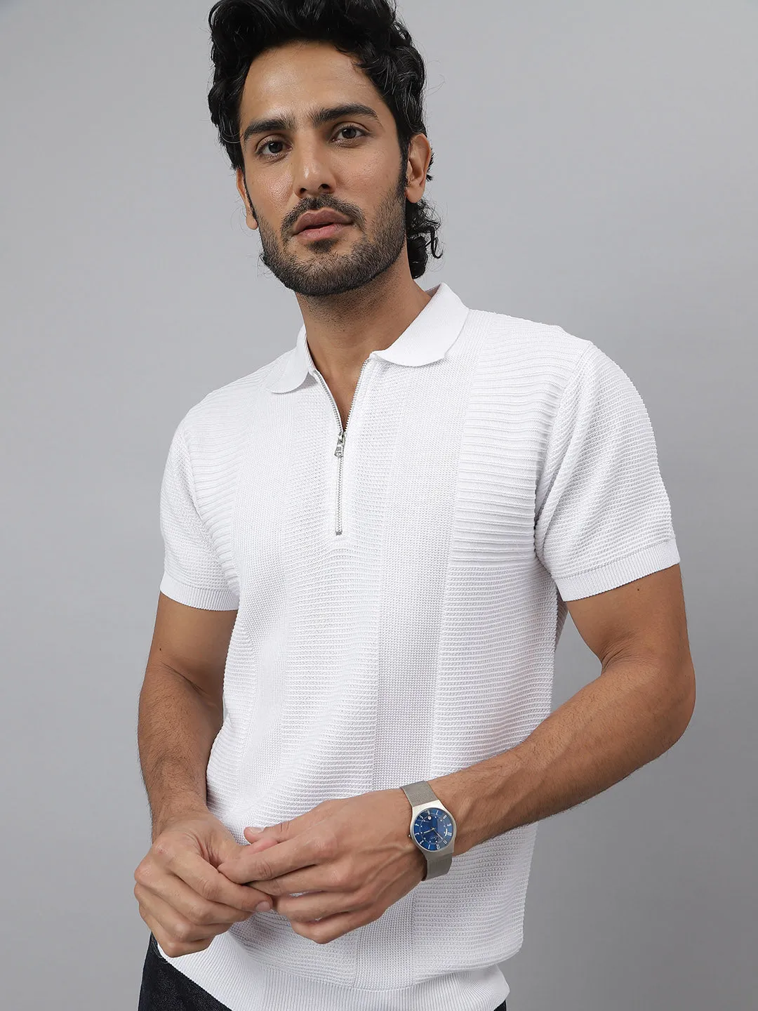 Zipper Polo Knit White T-shirt - Maverick